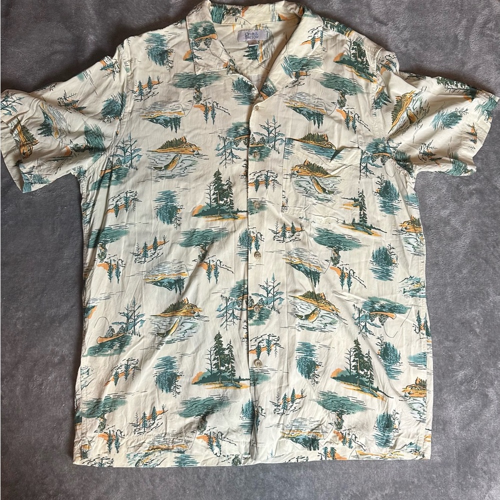 Men's Cream and Green Fishing Patterned Shirt
